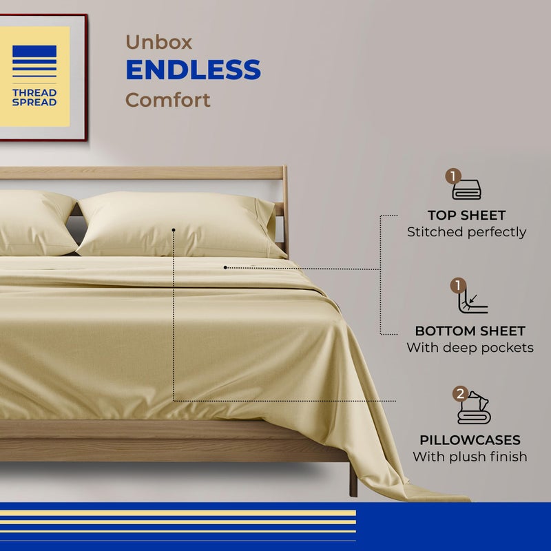 THREAD SPREAD 100% Egyptian Cotton Sheets Full Size - 800 Thread Count 4 PC Deep Pocket Full Size Sheets Set, Silky Soft Cooling Sateen Weave Luxury Hotel Sheets, Fits Mattress Upto 18" - Sand - Image 3